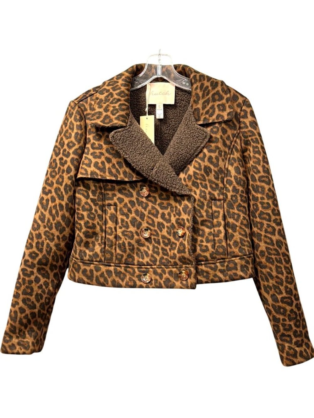 New Hutch Leopard Print Double-Breasted Jacket With Faux Sherpa Lining - Size S